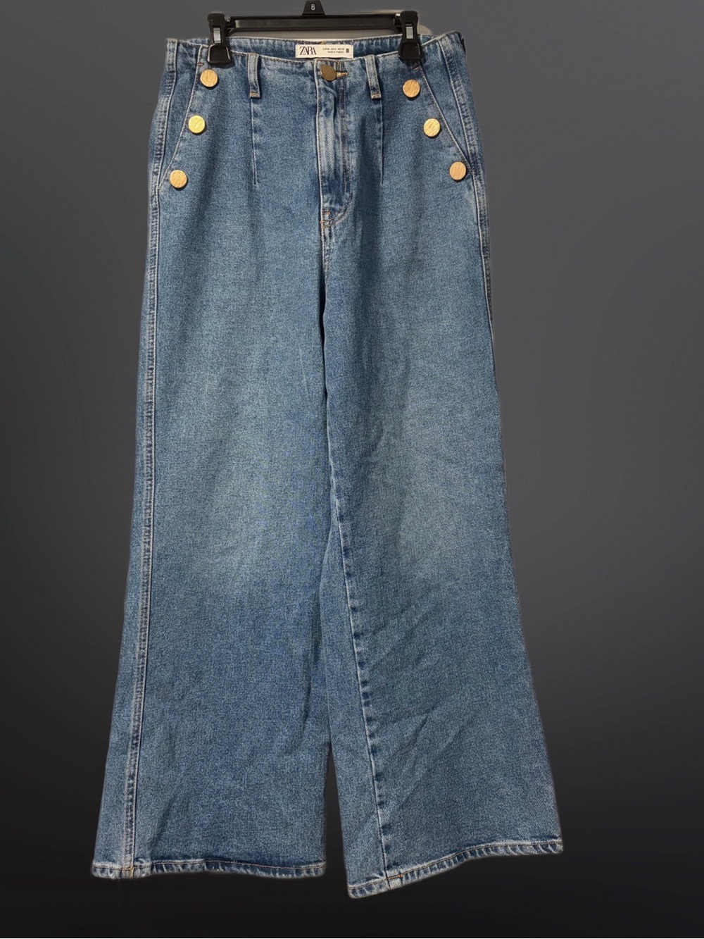 Zara Wide-Leg High-Rise Blue Denim Jeans with Gold Buttons